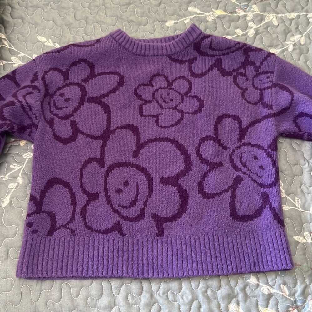 Purple Smiley Face Flower Cropped Sweater